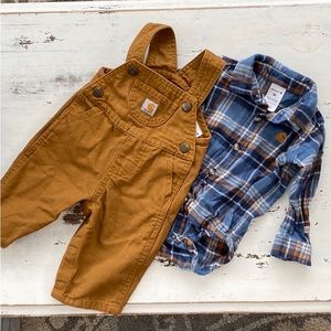 Reserved- like new 3 months Carhartt flannel onesie and overalls